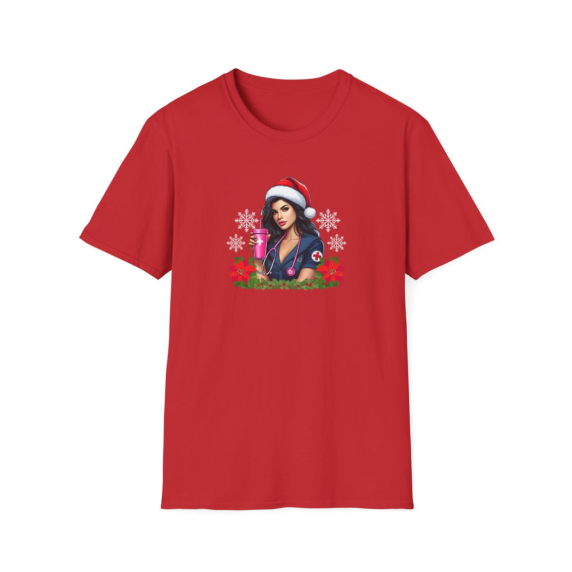 Red  nurse-themed Christmas t-shirt featuring a stylish nurse in a Santa hat holding a festive pink drink, adorned with poinsettias and holiday greenery. Perfect holiday apparel for nurses looking to add festive cheer to their wardrobe.