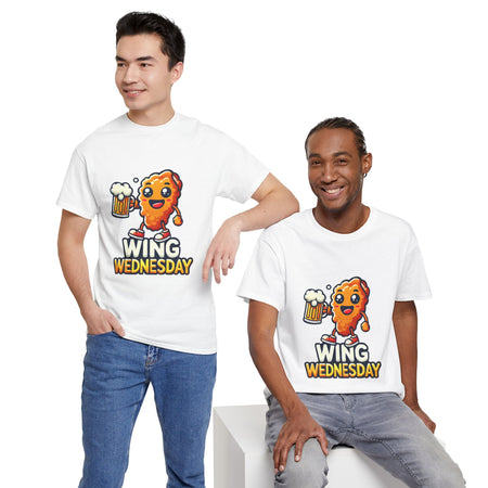 White 'Wing Wednesday' t-shirt featuring a cheerful, cartoon-style chicken wing character holding a beer mug. Perfect for those who love celebrating Wing Wednesday with a fun and playful design.