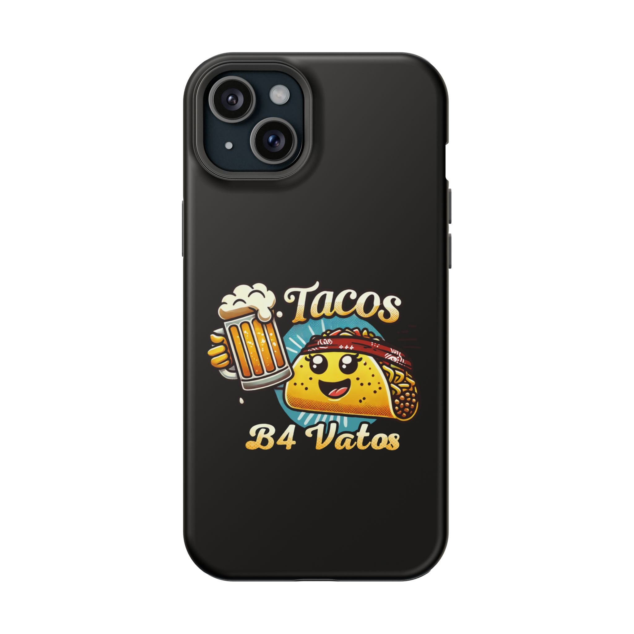 Black iPhone 16 magnetic phone case featuring a playful 'Tacos B4 Vatos' design with a cheerful taco character holding a frothy beer mug. Perfect for taco lovers who want a fun and unique phone accessory.