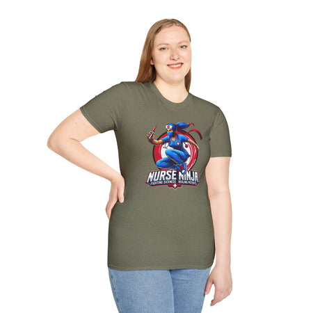 A Army Green T-shirt  featuring one of the Nurse Ninja t-shirt designs, depicting a dynamic nurse dressed as a ninja holding a syringe. The graphic includes the text "Nurse Ninja - Fighting Sickness, Healing Patients," showcasing a bold and heroic theme, perfect for healthcare professionals.