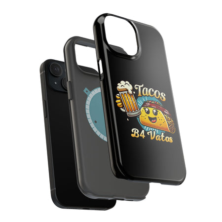 Black iPhone 16 magnetic phone case featuring a playful 'Tacos B4 Vatos' design with a cheerful taco character holding a frothy beer mug. Perfect for taco lovers who want a fun and unique phone accessory.