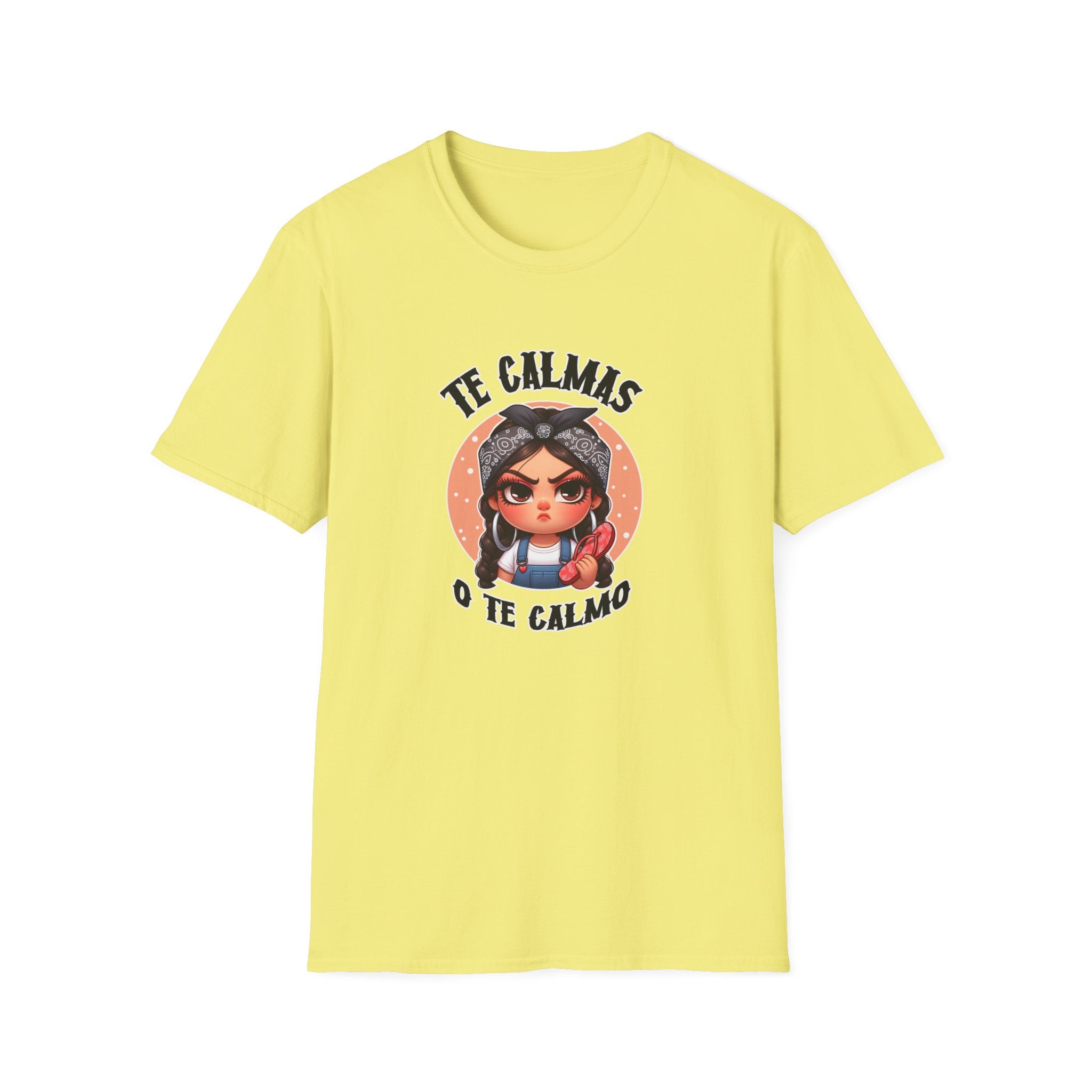 T-shirt featuring a feisty cartoon character with the Spanish phrase 'Te Calmas o Te Calmo,' adding a humorous and bold statement. Ideal for those with a playful attitude and love for expressive, culturally inspired designs