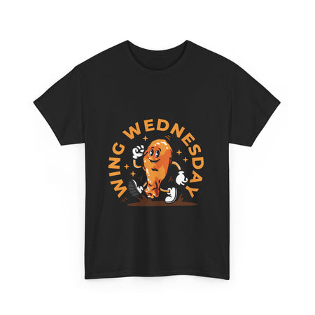 T-shirt featuring a fun 'Wing Wednesday' design with a cartoon-style chicken wing character in motion. Perfect for food lovers and those who enjoy celebrating Wing Wednesday in style.