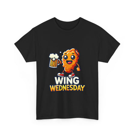 Wing Wednesday' t-shirt featuring a cheerful, cartoon-style chicken wing character holding a beer mug. Perfect for those who love celebrating Wing Wednesday with a fun and playful design.
