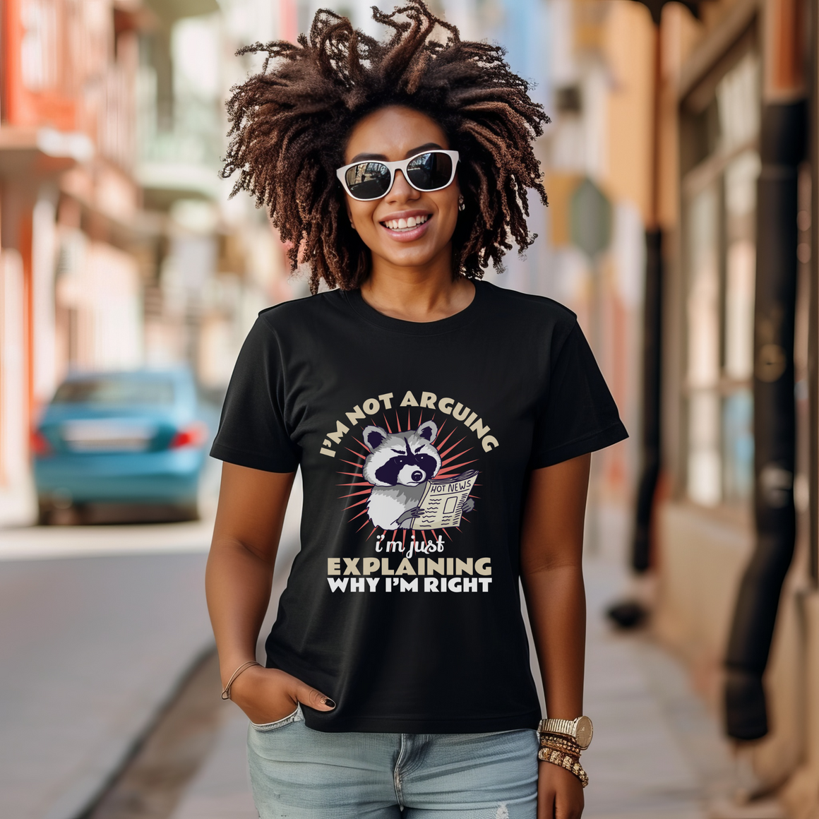 Black T-shirt featuring a humorous raccoon graphic holding a newspaper with the text 'I'm Not Arguing, I'm Just Explaining Why I'm Right.' Ideal for those with a witty, playful personality who appreciate sarcastic humor.