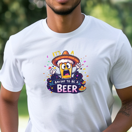 Man wearing a white Fiesta San Antonio T-shirt featuring a cartoon beer character in a sombrero, surrounded by colorful confetti. The text reads 'It's a bad day to be a beer.'
