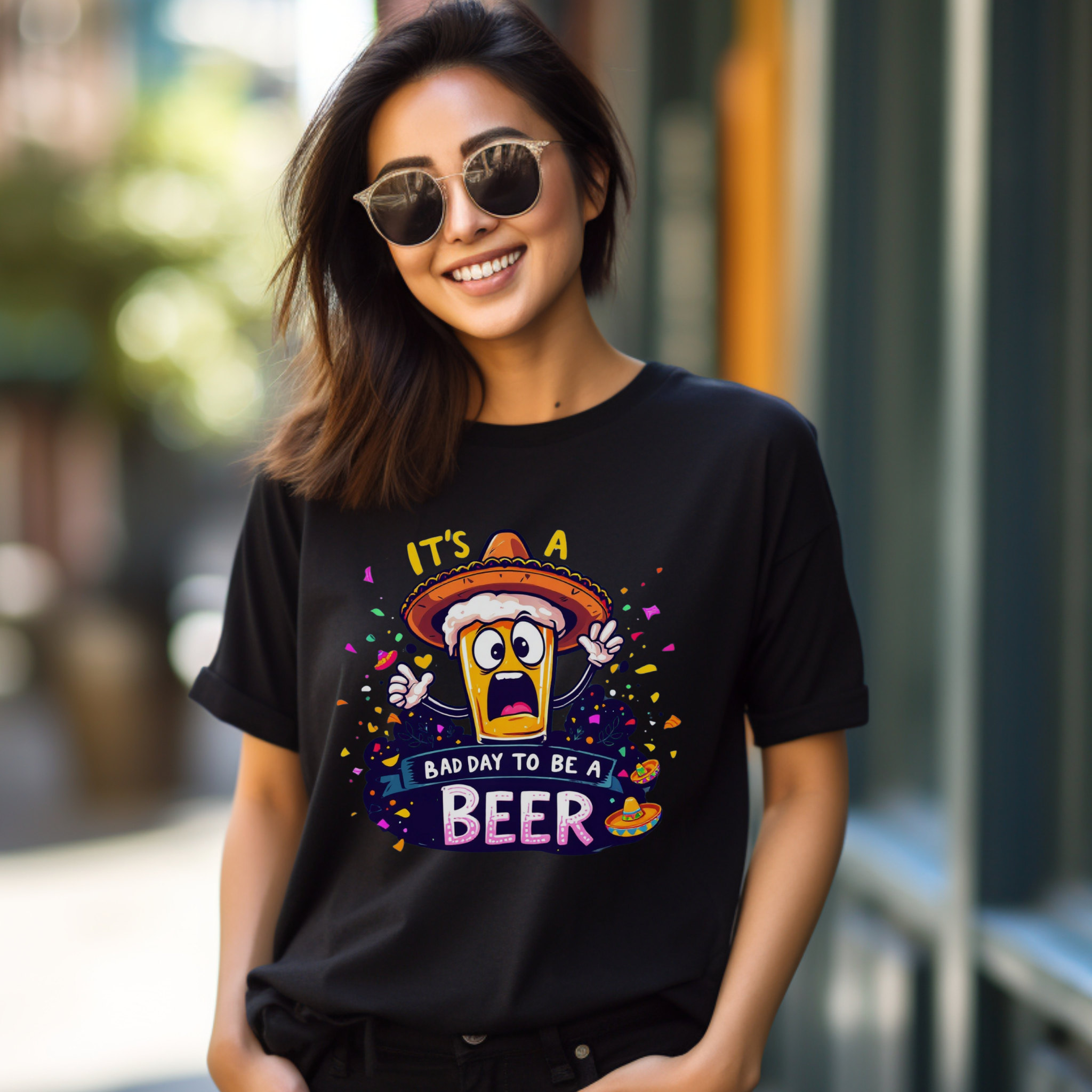 Woman wearing a gray Fiesta San Antonio T-shirt featuring a cartoon beer character in a sombrero, surrounded by colorful confetti. The text reads 'It's a bad day to be a beer.