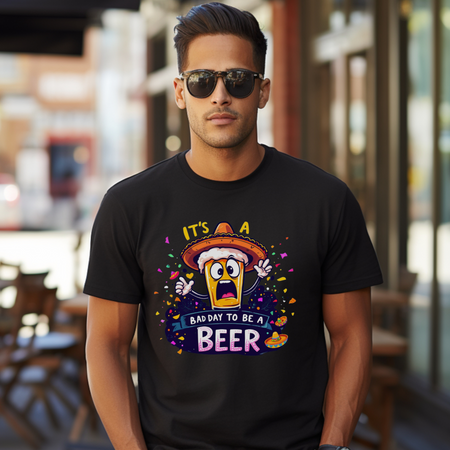 Man wearing a black Fiesta San Antonio T-shirt featuring a cartoon beer character in a sombrero, surrounded by colorful confetti. The text reads 'It's a bad day to be a beer.