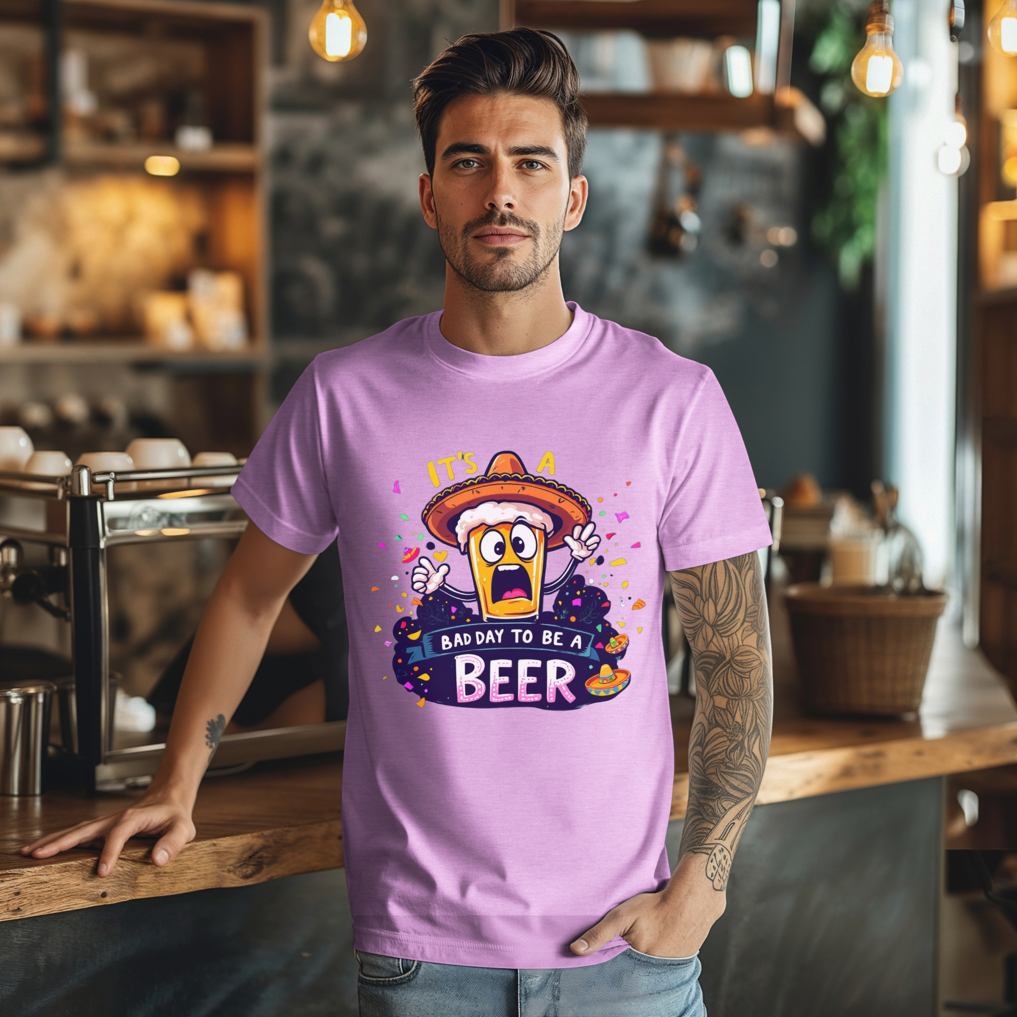 Man wearing a lavender Fiesta San Antonio T-shirt featuring a cartoon beer character in a sombrero, surrounded by colorful confetti. The text reads 'It's a bad day to be a beer.'