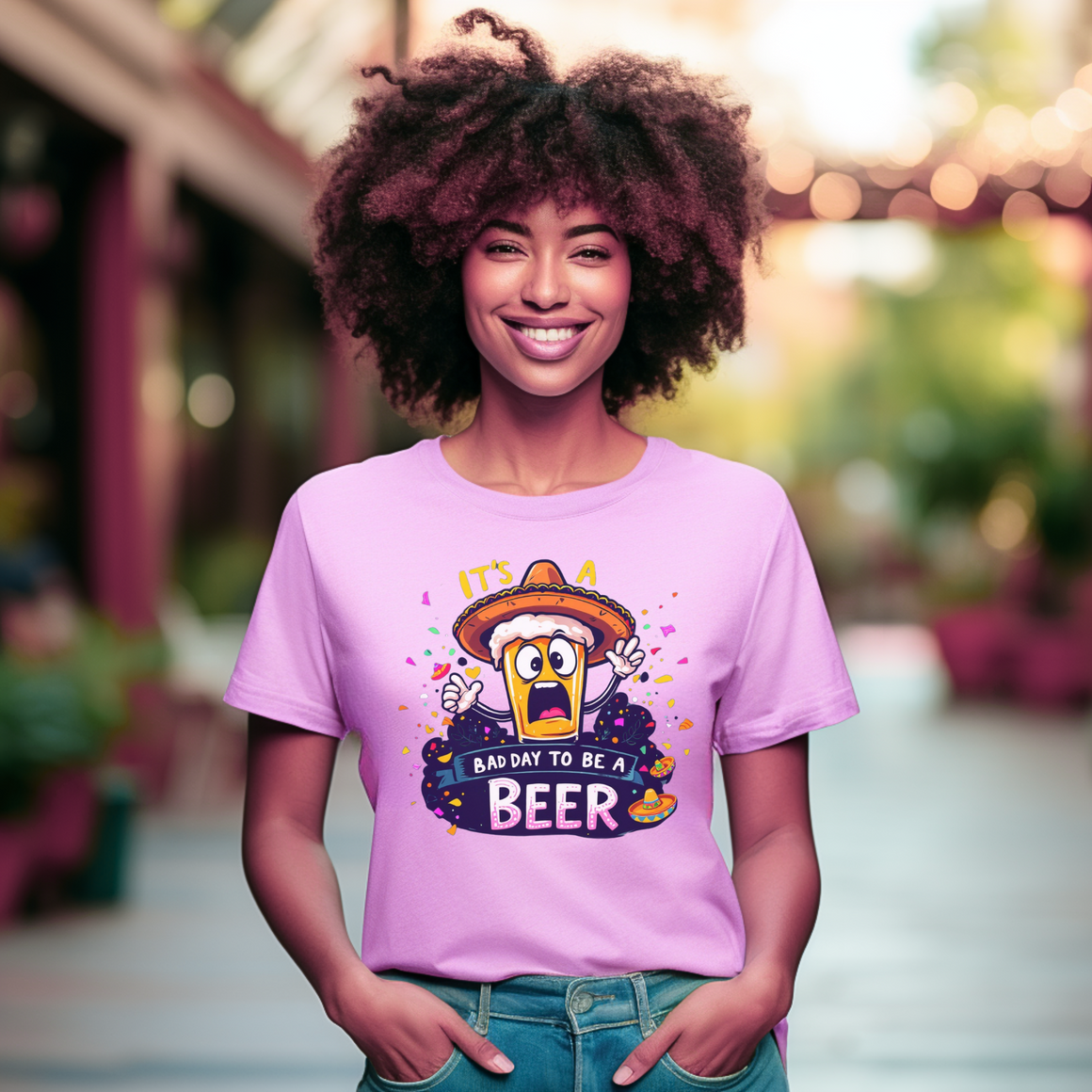 Woman wearing a lavender Fiesta San Antonio T-shirt featuring a cartoon beer character in a sombrero, surrounded by colorful confetti. The text reads 'It's a bad day to be a beer.