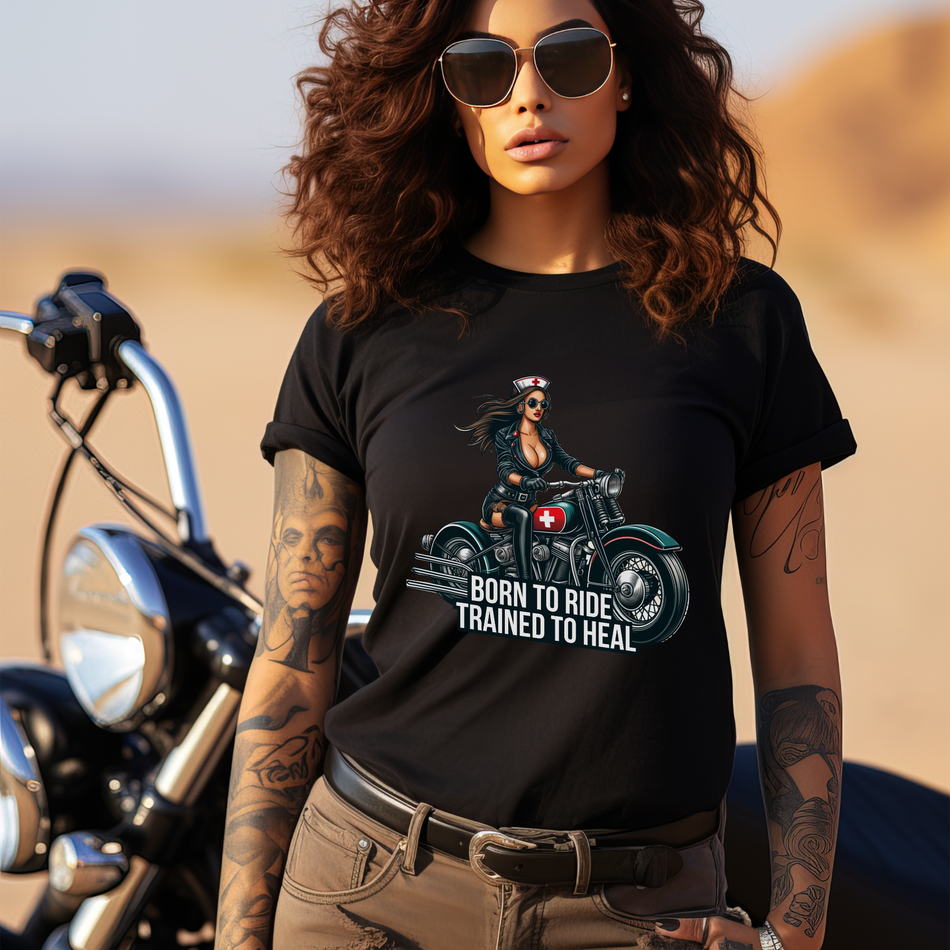 Sexy Nurse Biker t-shirt featuring a bold design of a nurse wearing a leather jacket and riding a motorcycle, paired with the text 'Born to Ride, Trained to Heal.' The t-shirt embodies confidence and adventure, perfect for healthcare professionals with a rebellious spirit.