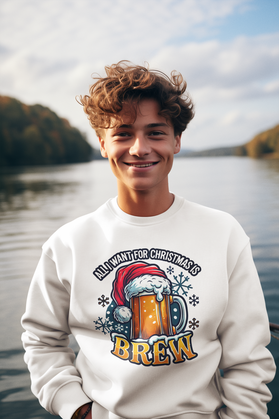 A white Christmas Brew Sweatshirt featuring a festive design with a beer mug wearing a Santa hat, surrounded by snowflakes. Modeled by a stylish Man  adding a fun holiday vibe. Perfect for Christmas gatherings or beer lovers celebrating the festive season.