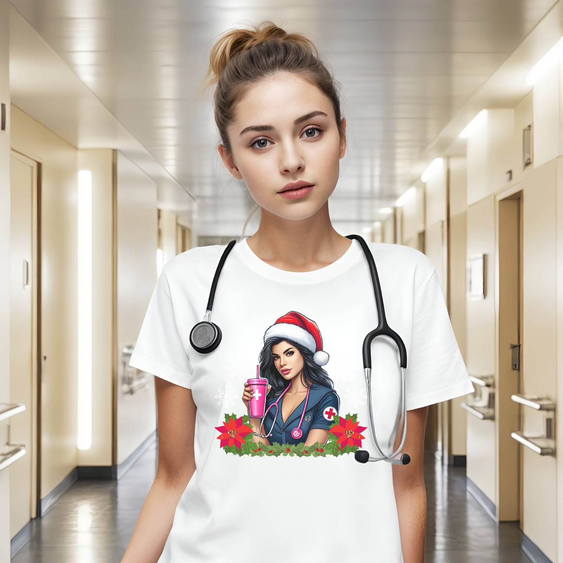 White nurse-themed Christmas t-shirt featuring a stylish nurse in a Santa hat holding a festive pink drink, adorned with poinsettias and holiday greenery. Perfect holiday apparel for nurses looking to add festive cheer to their wardrobe.