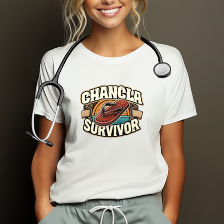 Funny Mexican t-shirt featuring the phrase 'Chancla Survivor.' A smiling woman in scrubs with a stethoscope around her neck, highlighting a humorous nod to Mexican culture and the legendary 'chancla' discipline. Ideal for healthcare workers who embrace their heritage with a sense of humor.