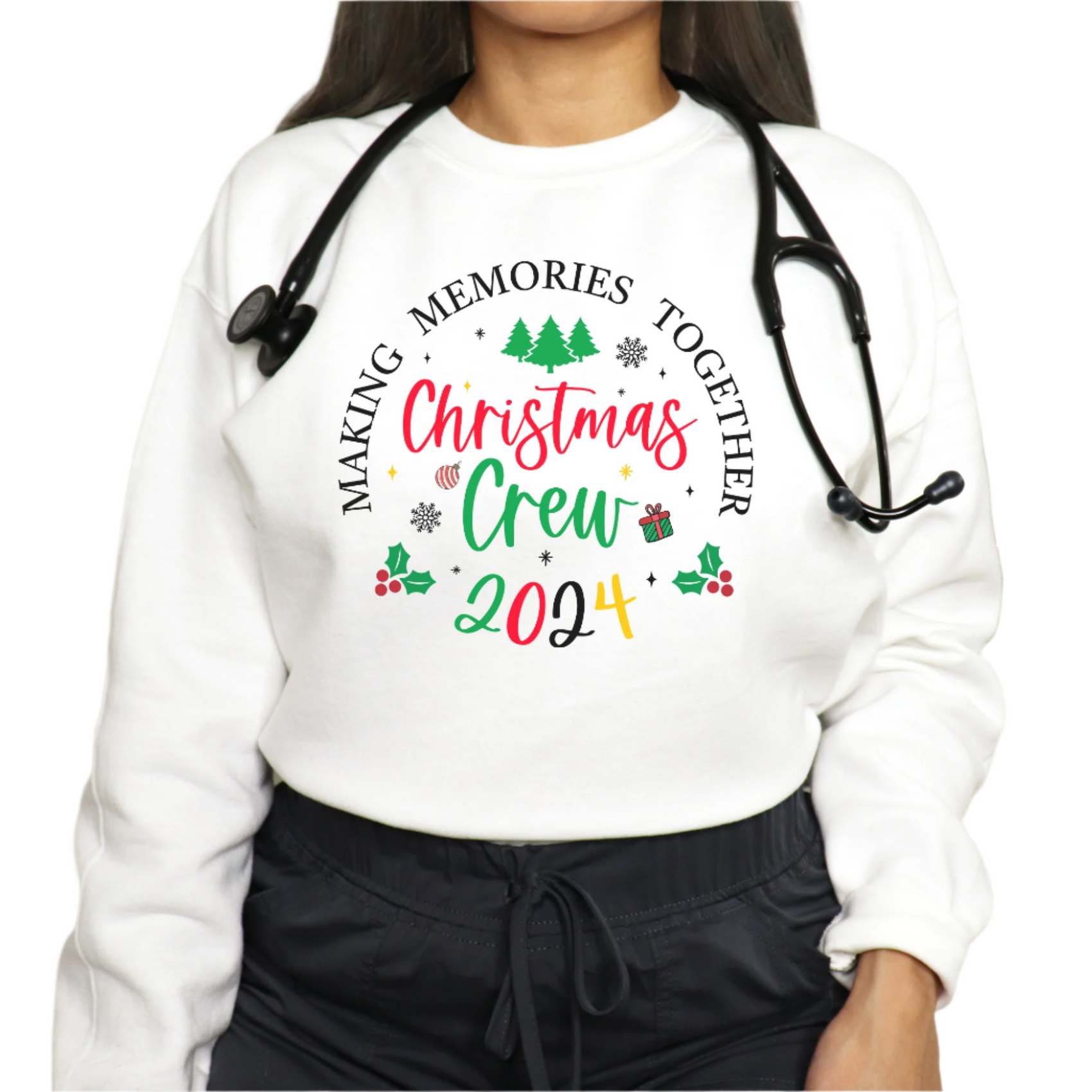 White Christmas sweatshirt with festive text 'Making Memories Together - Christmas Crew 2024,' decorated with holiday icons like trees, holly, and ornaments. Perfect for family or friend gatherings to celebrate the holiday season in style.