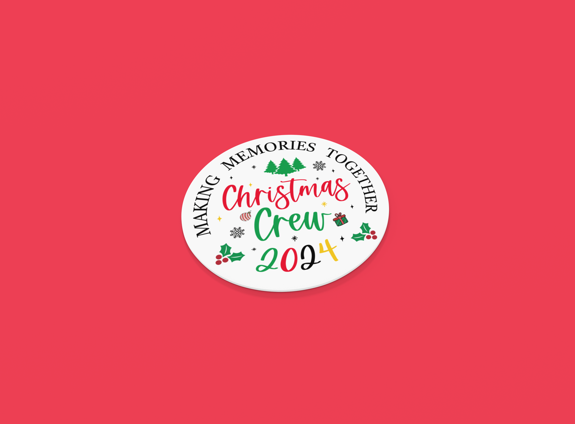 Christmas Crew 2024 ceramic coaster with festive design featuring trees, holly, snowflakes, and gift icons. Text reads 'Making Memories Together,' ideal for holiday gatherings, Christmas parties, and seasonal decor. Perfect for adding a cheerful touch to holiday tables and drinkware.