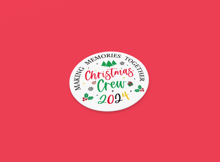 Christmas Crew 2024 ceramic coaster with festive design featuring trees, holly, snowflakes, and gift icons. Text reads 'Making Memories Together,' ideal for holiday gatherings, Christmas parties, and seasonal decor. Perfect for adding a cheerful touch to holiday tables and drinkware.