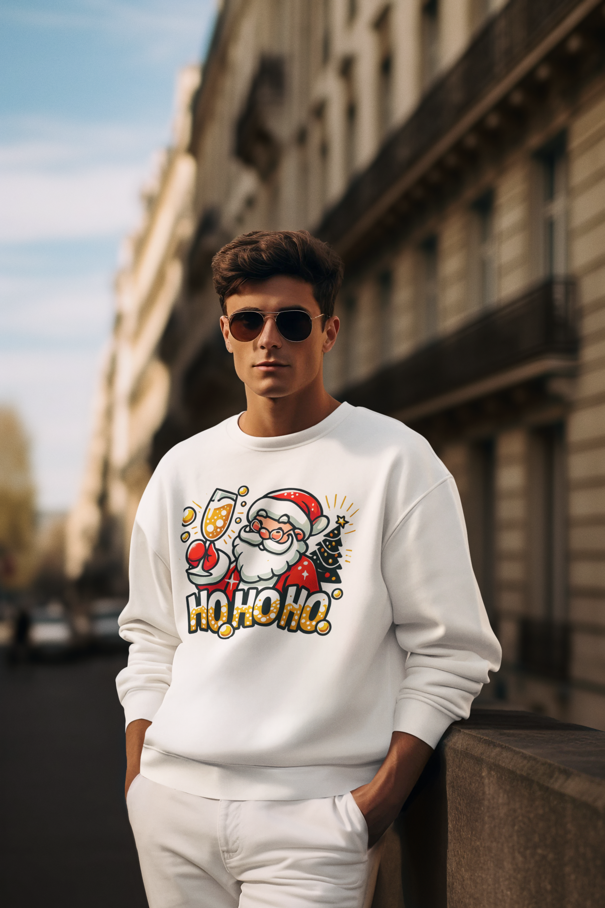 White Christmas sweatshirt featuring a cheerful Santa holding a champagne glass, next to a decorated Christmas tree and the festive text 'Ho Ho Ho.' A fun holiday sweatshirt perfect for adding Christmas cheer to any celebration.