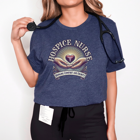 Hospice nurse t-shirt featuring a compassionate design with hands holding a heart and the phrase 'Bringing Comfort and Dignity,' symbolizing the care and support provided by hospice nurses. Ideal for hospice nurses who are dedicated to their mission.