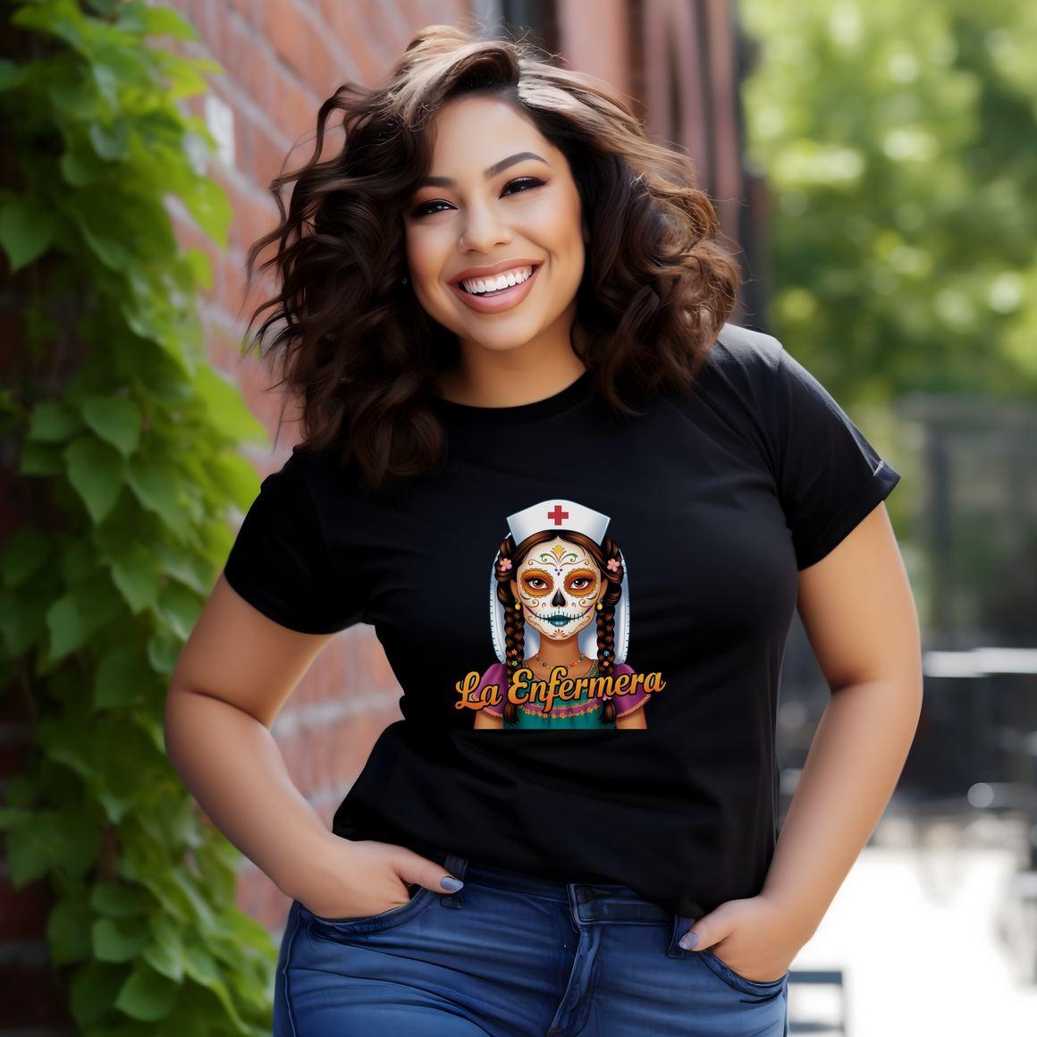 A picture of a nurse wearing a t shirt with a graphic of the day of the dead nurse on the front and it reads La Enfermera