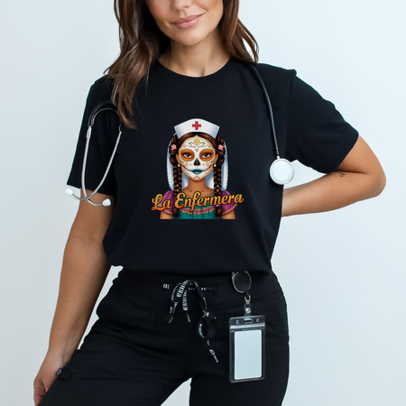 A picture of a nurse wearing a t shirt with a graphic of the day of the dead nurse on the front and it reads La Enfermera