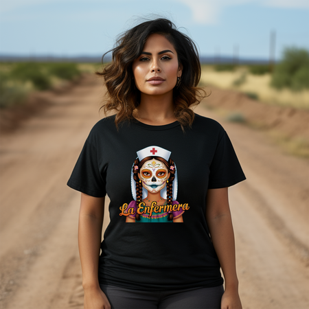 A picture of a nurse wearing a t shirt with a graphic of the day of the dead nurse on the front and it reads La Enfermera
