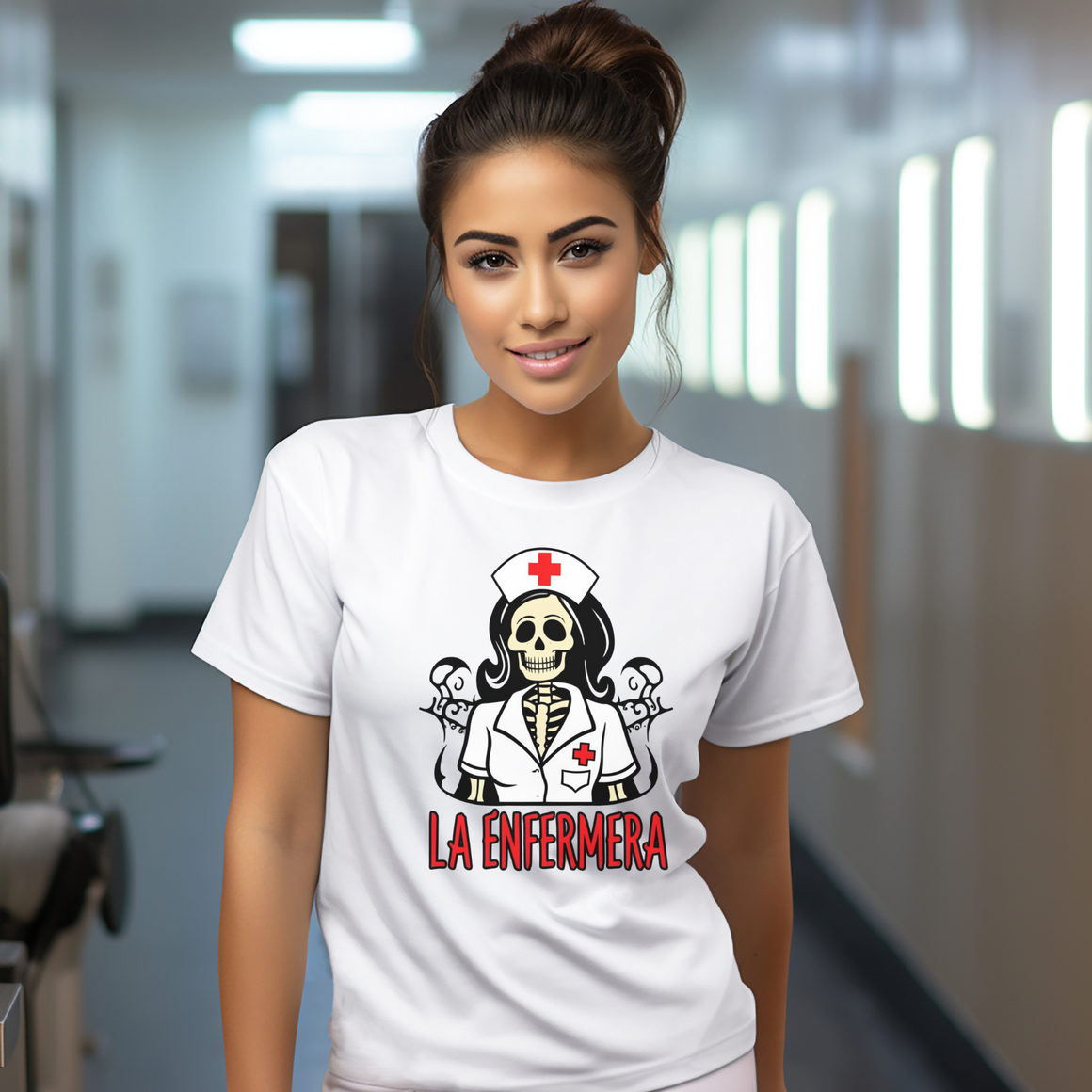 Smiling woman wearing a "La Enfermera Loteria Shirt" featuring a skeleton nurse in a white uniform with a red cross on the cap, standing in a brightly lit hallway. The design resembles a traditional loteria card with "La Enfermera" in bold red letters, perfect for Día de los Muertos and healthcare themes.