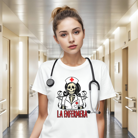 Young nurse wearing a "La Enfermera Loteria Shirt" featuring a skeleton nurse in a white uniform with a red cross on the cap, standing in a hospital hallway. The design resembles a loteria card with "La Enfermera" in bold red letters, highlighting a Día de los Muertos and healthcare theme.