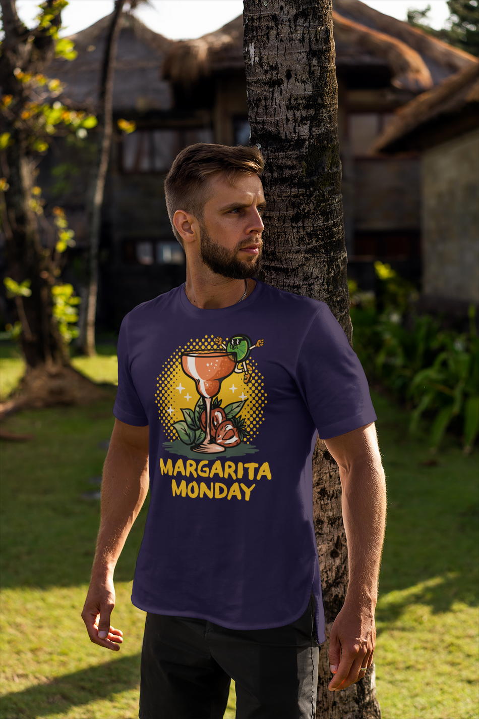 Man wearing a purple T-shirt with a "Margarita Monday" design featuring a colorful margarita glass illustration and vibrant background. This stylish Margarita Monday T-shirt design is perfect for celebrating Margarita Monday in a fun, casual style. The scene captures a relaxed outdoor vibe, ideal for any Margarita Monday enthusiast.