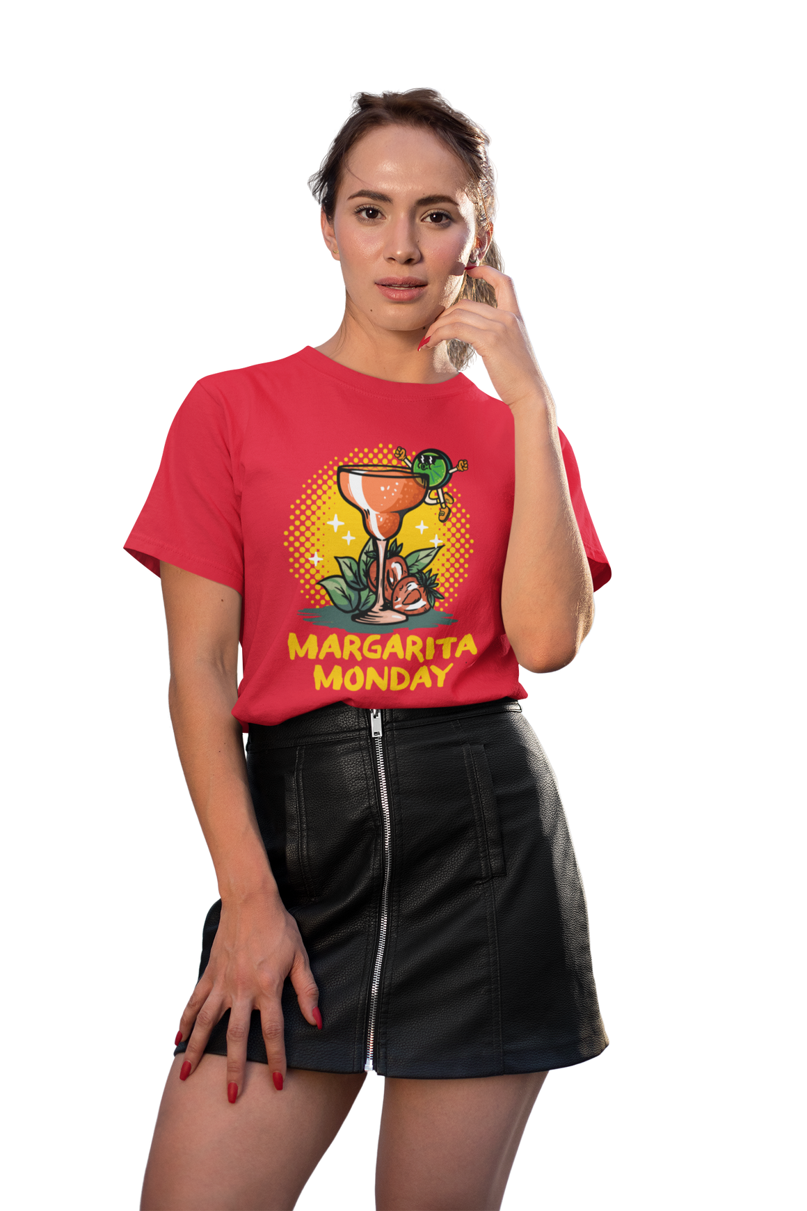 Woman wearing a red T-shirt with a "Margarita Monday" design, featuring a vibrant margarita glass illustration and bold text. This stylish Margarita Monday T-shirt design is perfect for adding a fun, festive vibe to any casual outfit, ideal for celebrating Margarita Monday in style.