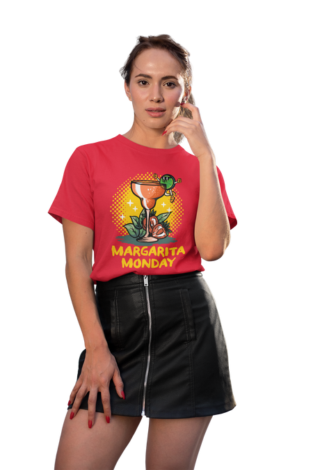 Woman wearing a red T-shirt with a "Margarita Monday" design, featuring a vibrant margarita glass illustration and bold text. This stylish Margarita Monday T-shirt design is perfect for adding a fun, festive vibe to any casual outfit, ideal for celebrating Margarita Monday in style.