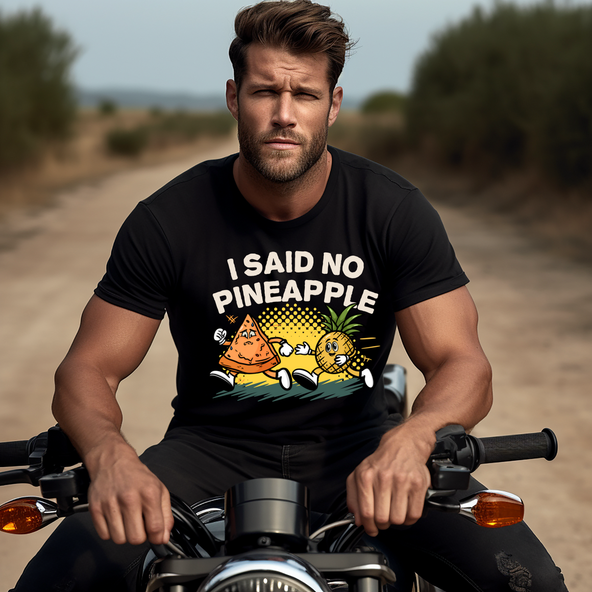 Black T-shirt featuring a humorous 'I Said No Pineapple' design with animated characters of a pizza slice and a pineapple in a playful scene. Perfect for pizza lovers with a sense of humor about the pineapple-on-pizza debate.