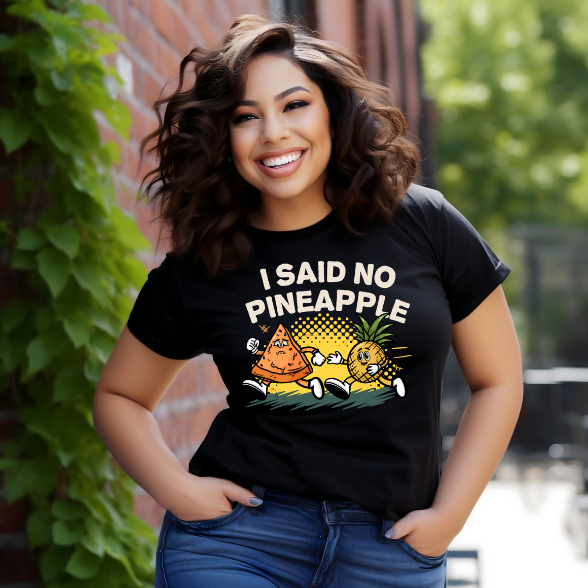 Black T-shirt featuring a humorous 'I Said No Pineapple' design with animated characters of a pizza slice and a pineapple in a playful scene. Perfect for pizza lovers with a sense of humor about the pineapple-on-pizza debate.