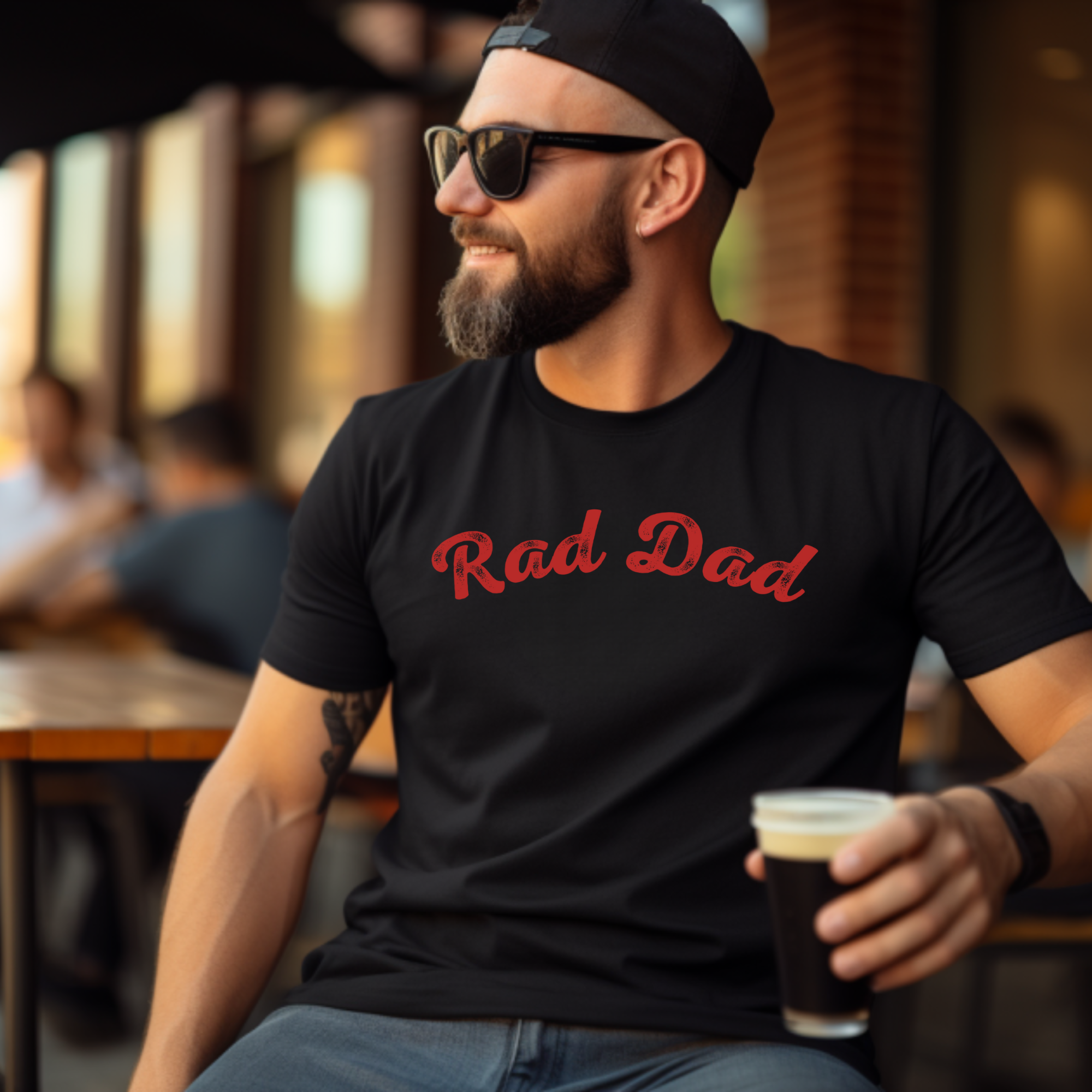 A Man standing ooutside wearing a t shirt with a Red Rad Dad Graphic on the front