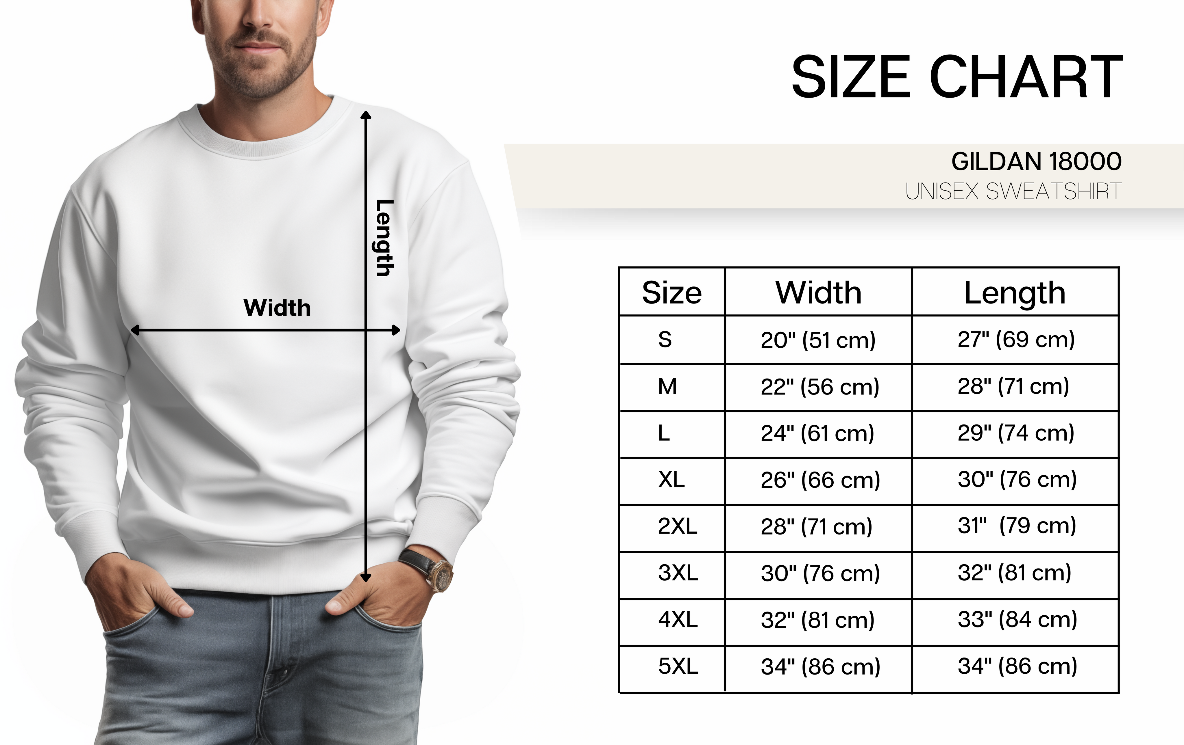 ize chart for Gildan 18000 unisex sweatshirt. Image shows a man wearing a white sweatshirt with arrows indicating width and length measurements. Size chart table: S - Width 20" (51 cm), Length 26" (66 cm); M - Width 22" (56 cm), Length 27" (69 cm); L - Width 24" (61 cm), Length 28" (71 cm); XL - Width 26" (66 cm), Length 29" (74 cm); 2XL - Width 28" (71 cm), Length 30" (76 cm); 3XL - Width 30" (76 cm), Length 31" (79 cm); 4XL - Width 32" (81 cm), Length 32" (81 cm); 5XL - Width 34" (86 cm), Length 33" (84 c