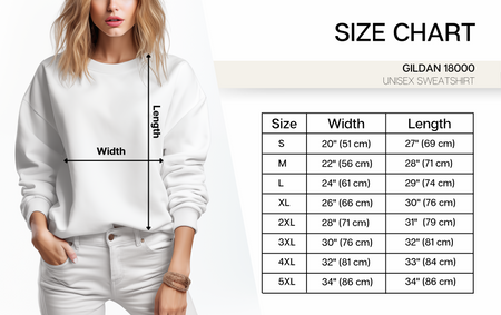 Size chart for Gildan 18000 unisex sweatshirt. Image shows a woman wearing a white sweatshirt with arrows indicating width and length measurements. Size chart table: S - Width 20" (51 cm), Length 26" (66 cm); M - Width 22" (56 cm), Length 27" (69 cm); L - Width 24" (61 cm), Length 28" (71 cm); XL - Width 26" (66 cm), Length 29" (74 cm); 2XL - Width 28" (71 cm), Length 30" (76 cm); 3XL - Width 30" (76 cm), Length 31" (79 cm); 4XL - Width 32" (81 cm), Length 32" (81 cm); 5XL - Width 34" (86 cm), Length 33" (8
