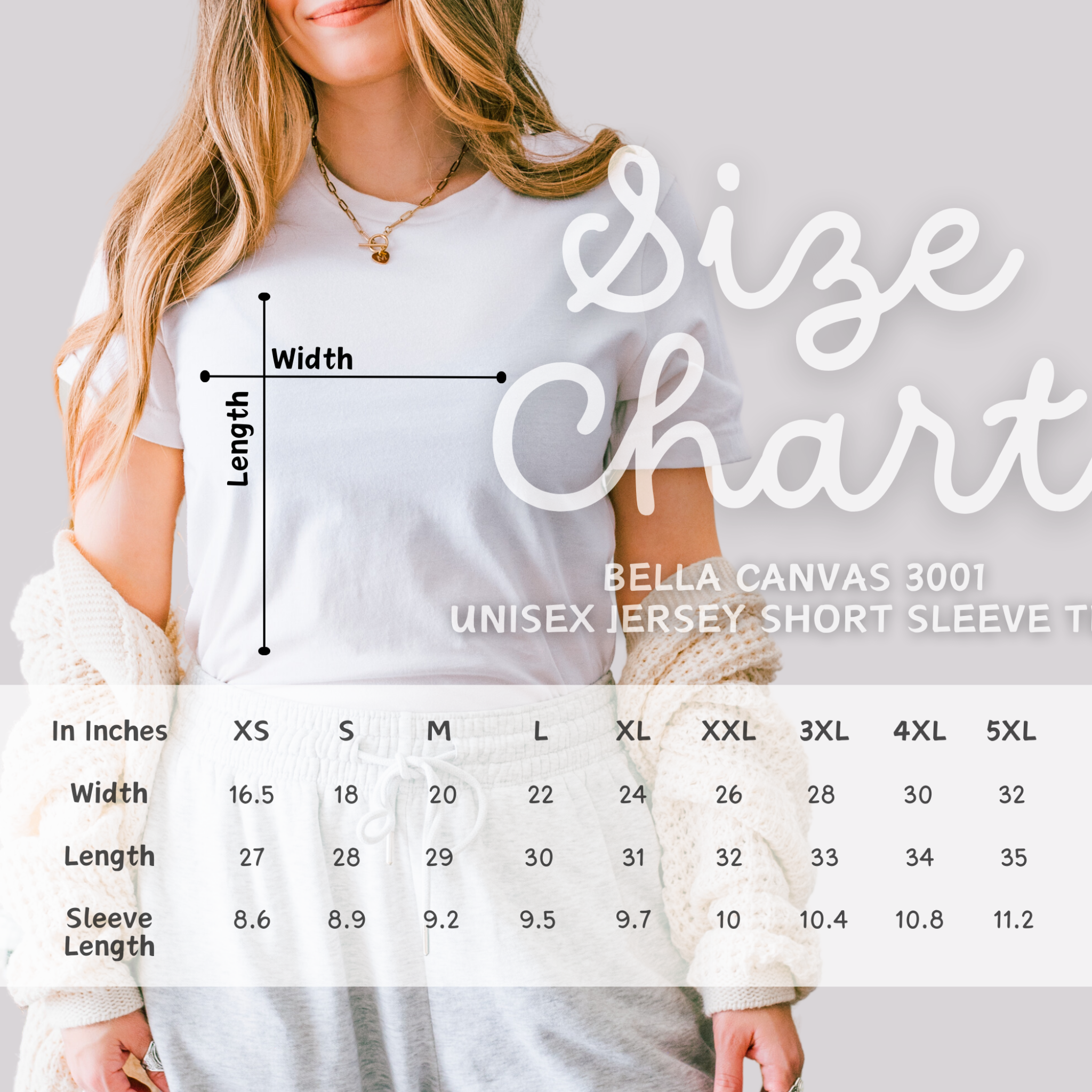 A woman wearing a white t-shirt and cardigan, standing in front of a size chart for Bella Canvas 3001 unisex jersey short sleeve t-shirts. The chart displays measurements for sizes XS to 5XL, including width, length, and sleeve length in inches.