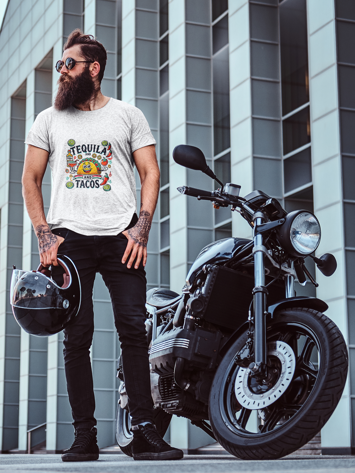 White t-shirt featuring a festive 'Tequila and Tacos' design with a smiling taco character, tequila bottle, margarita glass, lime slices, and chili peppers. Perfect for celebrating fiestas and taco nights with a fun and lively style.