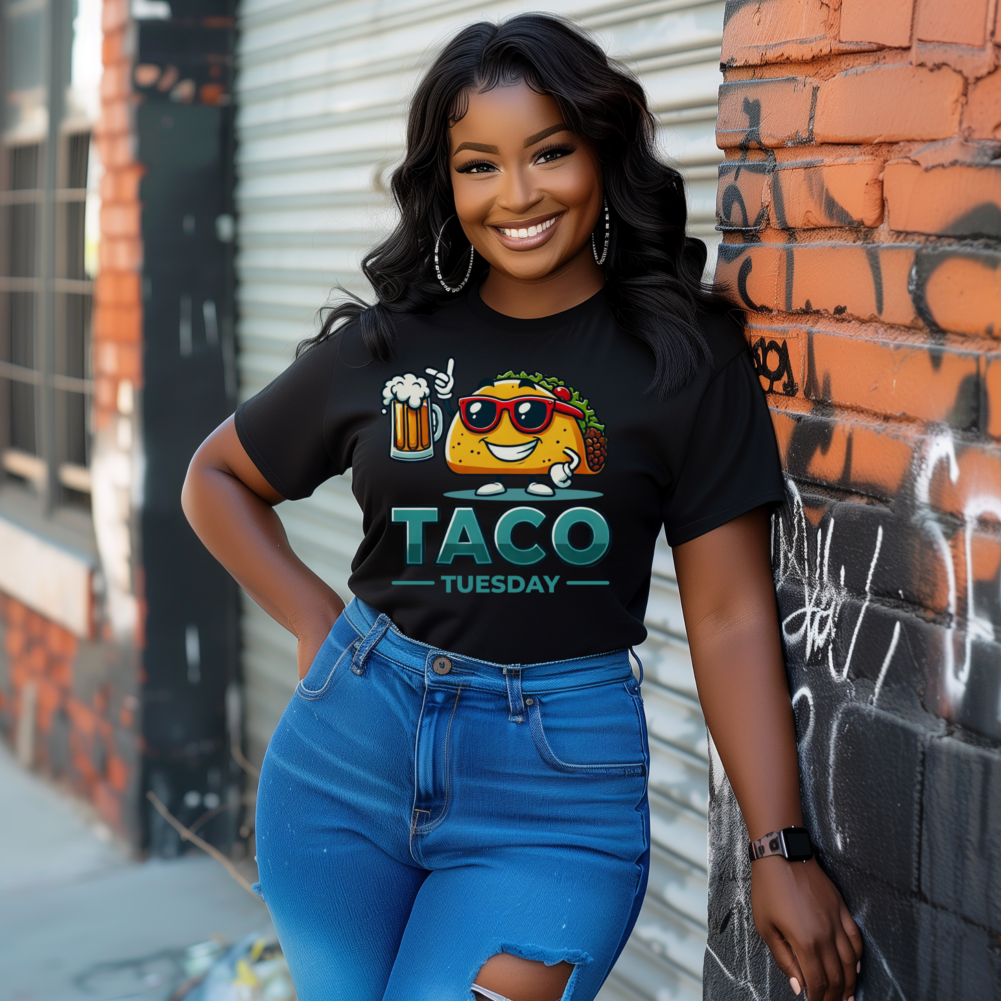 Black 'Taco Tuesday' t-shirt featuring a fun taco character wearing sunglasses and holding a frothy beer mug. Perfect for celebrating Taco Tuesday in a playful, foodie-inspired style.