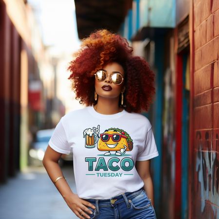White 'Taco Tuesday' t-shirt featuring a fun taco character wearing sunglasses and holding a frothy beer mug. Perfect for celebrating Taco Tuesday in a playful, foodie-inspired style.