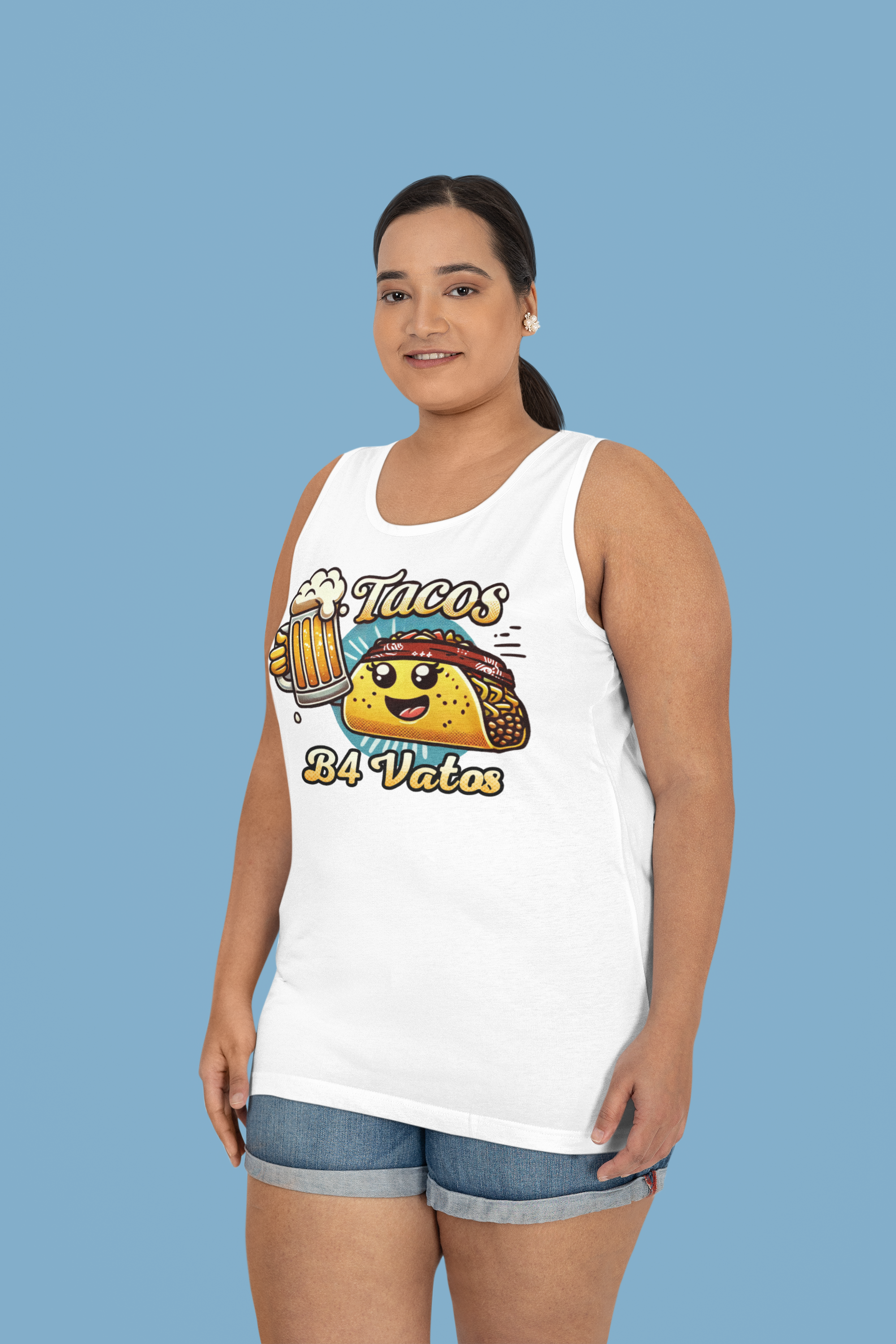 Woman wearing a 'Tacos B4 Vatos' tank top featuring a cheerful taco character with a beer mug, enjoying a lively outdoor celebration. Perfect tank top for taco lovers who want a fun and festive vibe.