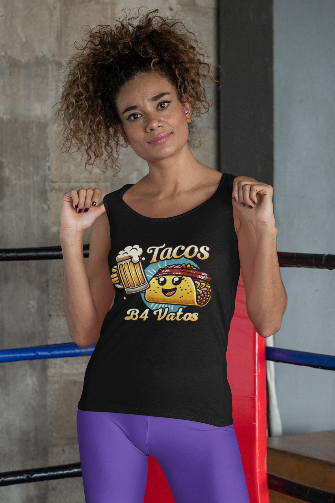 Woman wearing a 'Tacos B4 Vatos' tank top featuring a cheerful taco character with a beer mug, enjoying a lively outdoor celebration. Perfect tank top for taco lovers who want a fun and festive vibe.