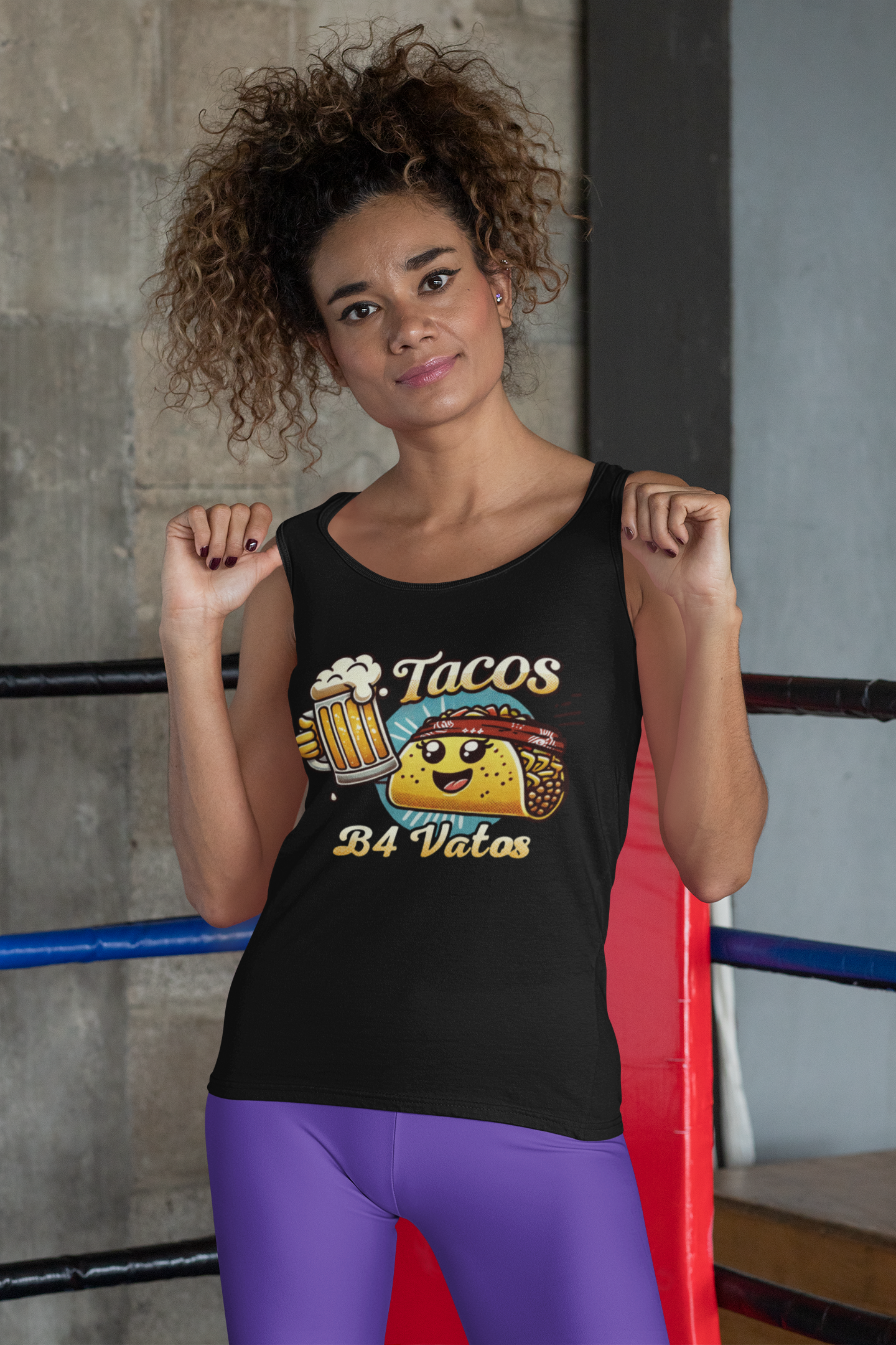 Woman wearing a 'Tacos B4 Vatos' tank top featuring a cheerful taco character with a beer mug, enjoying a lively outdoor celebration. Perfect tank top for taco lovers who want a fun and festive vibe.