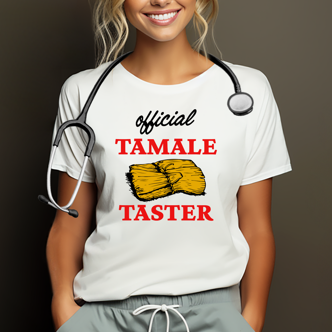 Smiling woman wearing a white T-shirt with bold red text 'Official Tamale Taster' and a tamale graphic, perfect for funny Christmas shirts and holiday gatherings.