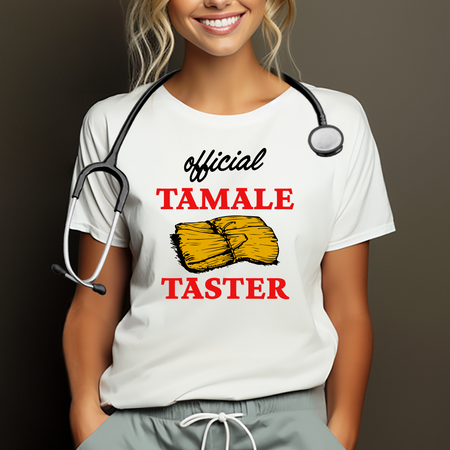 Smiling woman wearing a white T-shirt with bold red text 'Official Tamale Taster' and a tamale graphic, perfect for funny Christmas shirts and holiday gatherings.