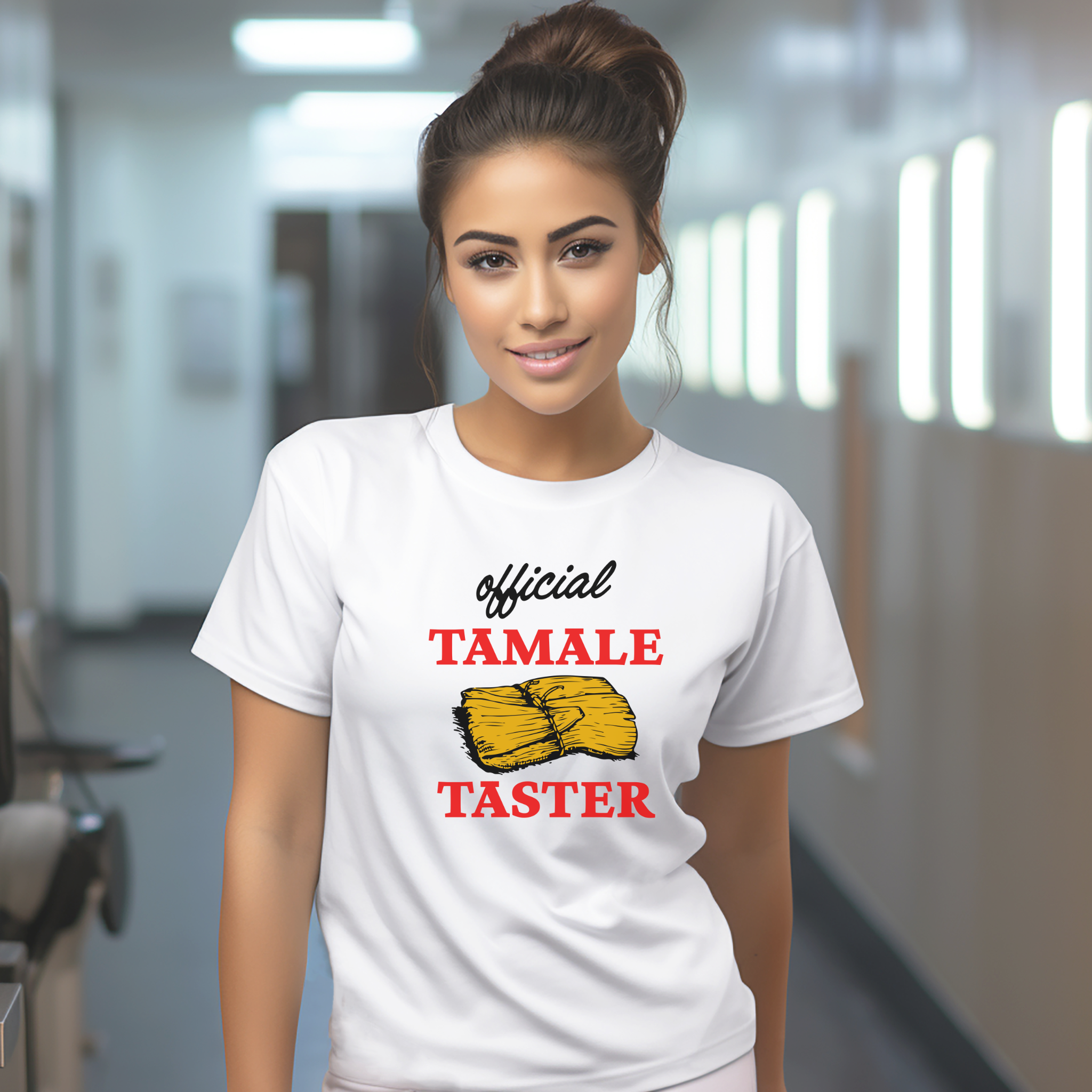 Smiling woman wearing a white T-shirt with bold red text 'Official Tamale Taster' and a tamale graphic, perfect for funny Christmas shirts and holiday gatherings.