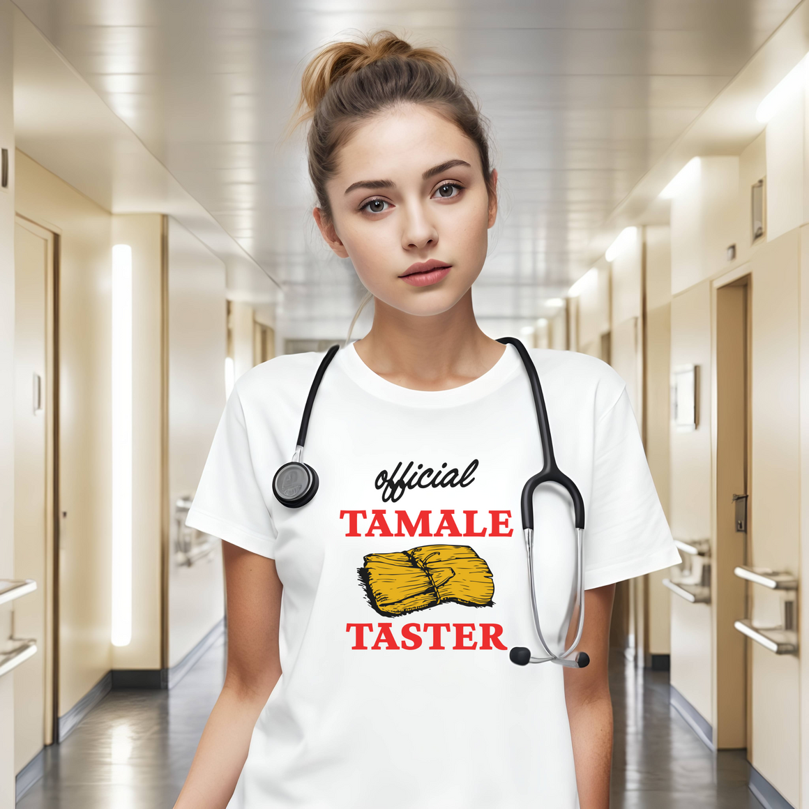 Smiling woman wearing a white T-shirt with bold red text 'Official Tamale Taster' and a tamale graphic, perfect for funny Christmas shirts and holiday gatherings.