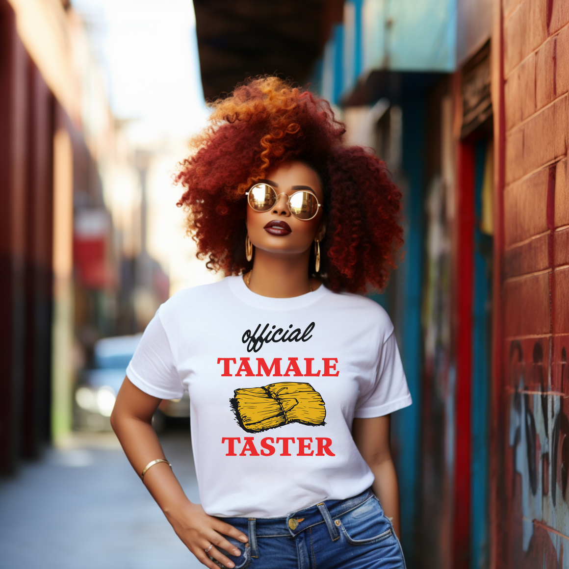Smiling woman wearing a white T-shirt with bold red text 'Official Tamale Taster' and a tamale graphic, perfect for funny Christmas shirts and holiday gatherings.