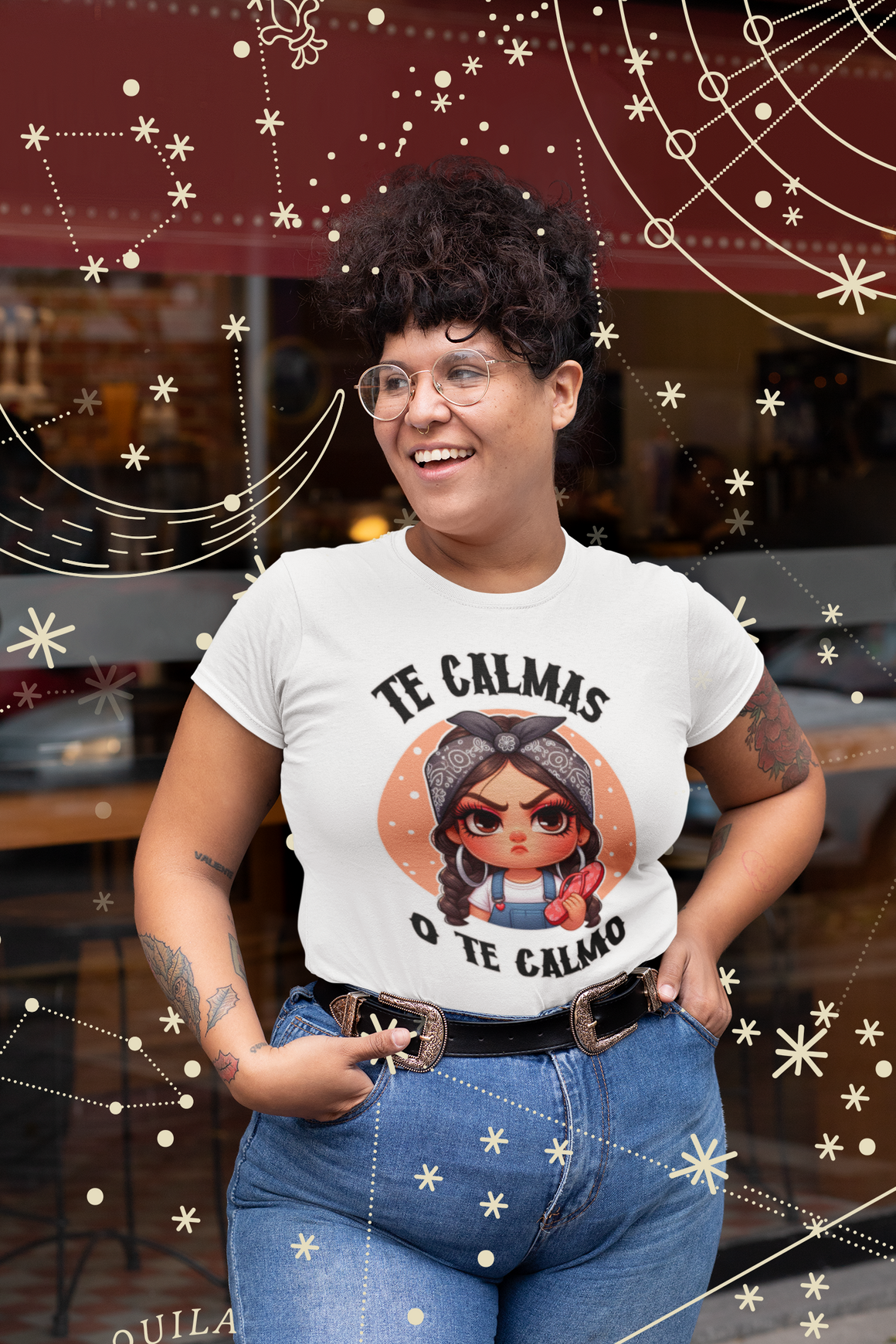 White T-shirt featuring a feisty cartoon character with the Spanish phrase 'Te Calmas o Te Calmo,' adding a humorous and bold statement. Ideal for those with a playful attitude and love for expressive, culturally inspired designs