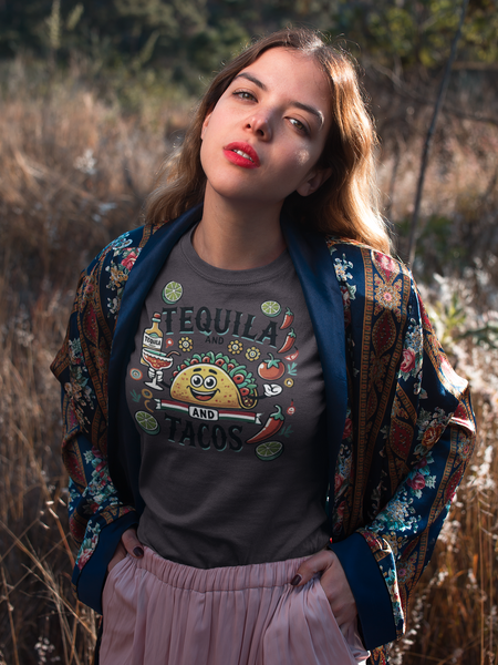 T-shirt featuring a festive 'Tequila and Tacos' design with a smiling taco character, tequila bottle, margarita glass, lime slices, and chili peppers. Perfect for celebrating fiestas and taco nights with a fun and lively style.